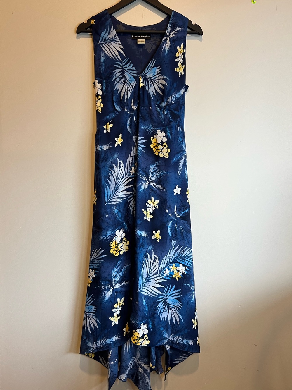 Bianca Nygard 100% Silk Tropical Floral Maxi Dress Blue Hawaiian Size 10 Wedding